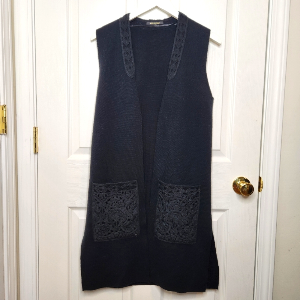 Kobi Halperin Black Sleeveless Duster Sweater Vest Cardigan Crochet Wool Small
